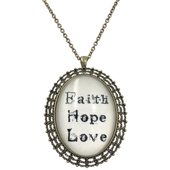 Faith Hope Love Vintage Look Oval Long Necklace - Picture 1 of 3